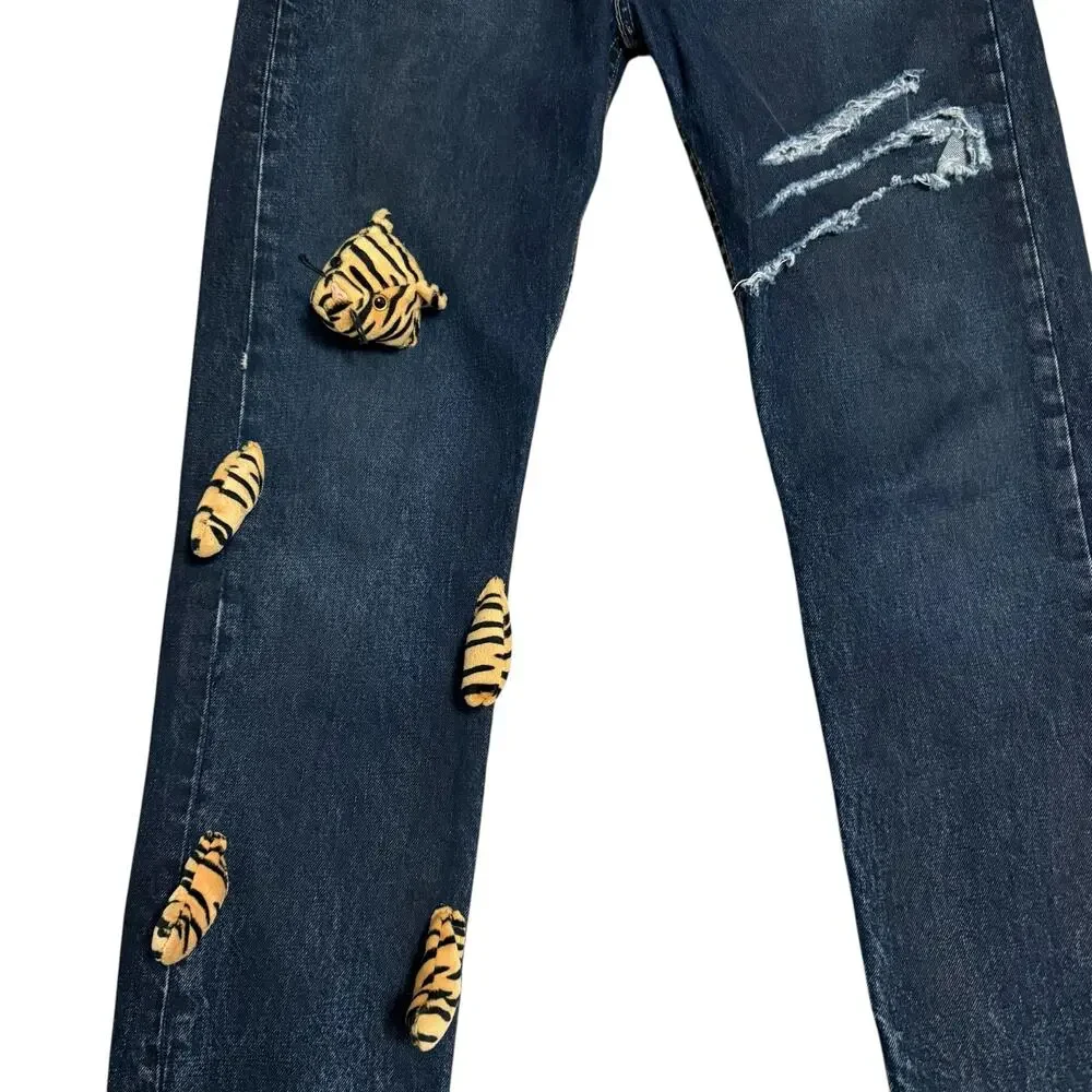 Reworked Levi's Blue Jeans Tiger Attack Stuffed Animal Customized Modified OOAK